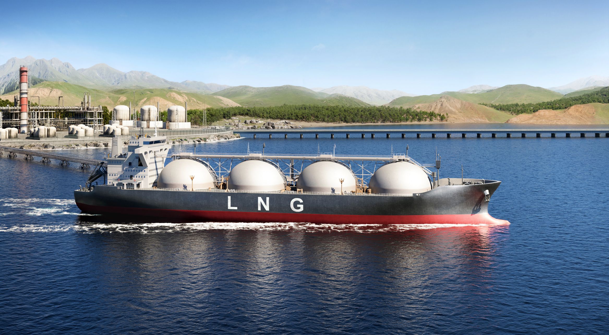 Digitally Generated Image of LNG Tanker at Industrial Harbor Representing Energy Infrastructure