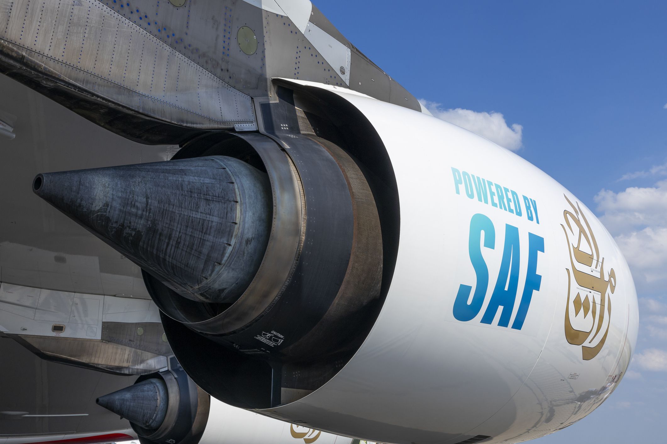 Rolls Royce Trent 900 jet engine on Emirates Airbus A380, powered by SAF - Sustainable Aviation Fuel
